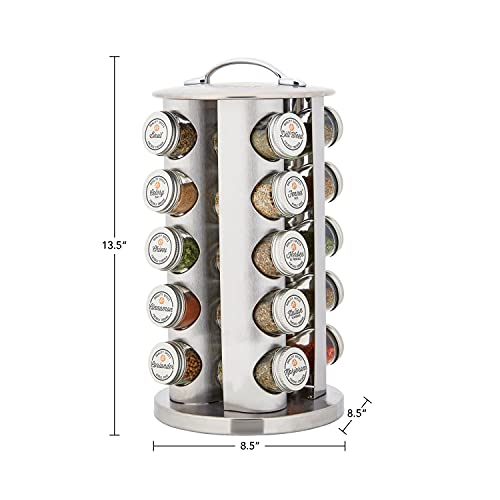 Allrecipes Revolving 20-Jar Spice Rack Tower Organizer with Free Spice Refills for 5 Years, Brushed Stainless Steel