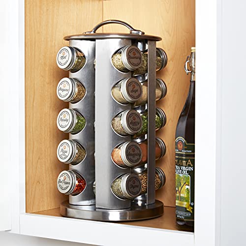 Allrecipes Revolving 20-Jar Spice Rack Tower Organizer with Free Spice Refills for 5 Years, Brushed Stainless Steel