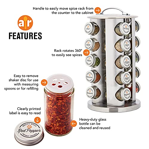 Allrecipes Revolving 20-Jar Spice Rack Tower Organizer with Free Spice Refills for 5 Years, Brushed Stainless Steel