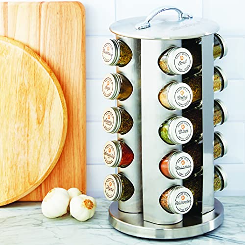 Allrecipes Revolving 20-Jar Spice Rack Tower Organizer with Free Spice Refills for 5 Years, Brushed Stainless Steel