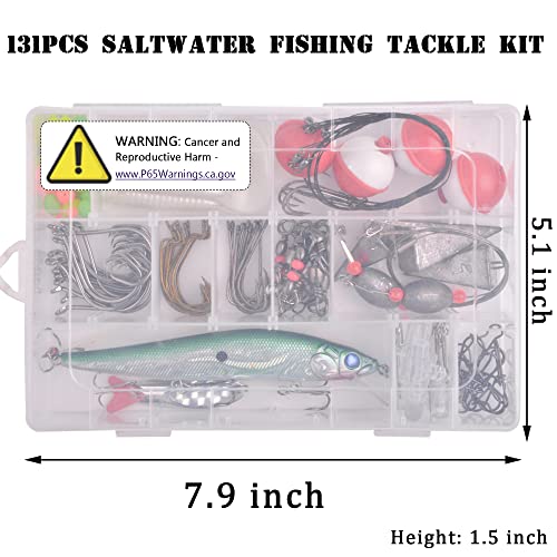 Saltwater Fishing Gear, 131pcs Saltwater Surf Fishing Tackle Kit Include Saltwater Fishing Lures Fishing Rigs Pyramid Sinker Fishing Hooks Leader Swivel Spoons Lures Fishing Accessories