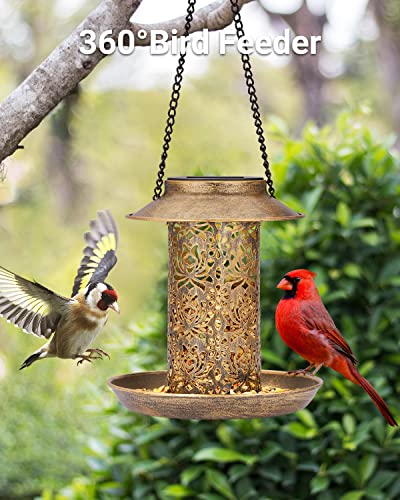 SWEETFULL Solar Bird Feeder for Outdoors Hanging, Metal Wild Bird Feeder for Cardinals Solar Garden Lantern with S Hook as Gift for Bird Lovers (2LBs Heavy Duty birdfeeders)