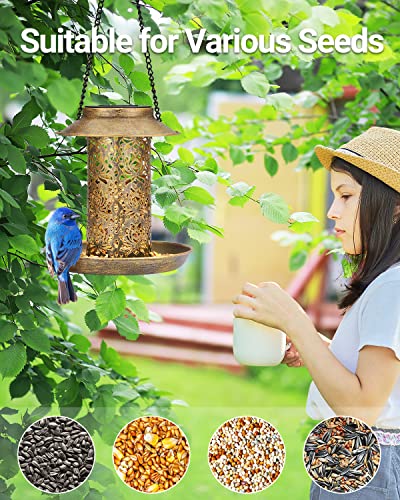 SWEETFULL Solar Bird Feeder for Outdoors Hanging, Metal Wild Bird Feeder for Cardinals Solar Garden Lantern with S Hook as Gift for Bird Lovers (2LBs Heavy Duty birdfeeders)