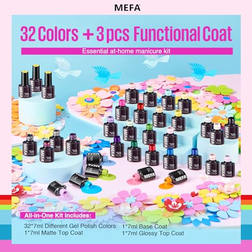 MEFA 35 Pcs Neon Gel Nail Polish Set, 32 Colors Summer Bright Gel Polish Kit Pink Collection with Base Coat No Wipe Glossy & Matte Top Coat Nail Art Manicure DIY Salon Home Gifts for Women