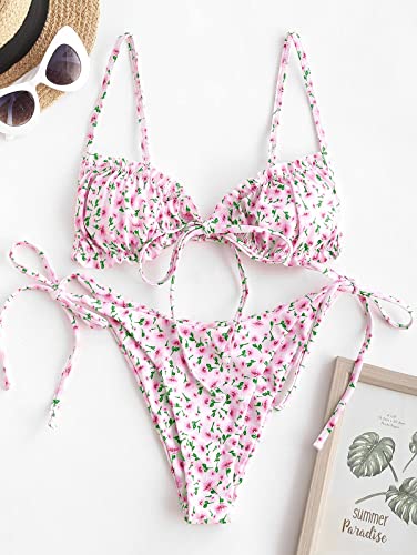 ZAFUL Women's Ditsy Floral Printed Swimsuit Underwired Knotted String Triangle Bikini High Cut Cheeky Bikini Set