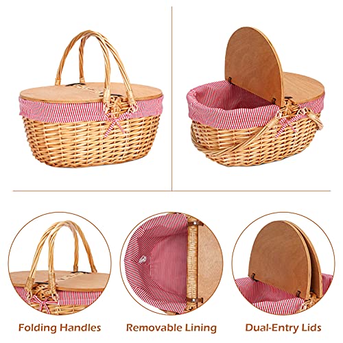 Wicker Picnic Basket with Liner, Wooden Split Lid Picnic Basket, Vintage-Style Wicker Picnic Hamper with Folding Woven Handle for Picnic, Camping, Outdoor, Valentine Day, Thanks Giving, Birthday (Red)