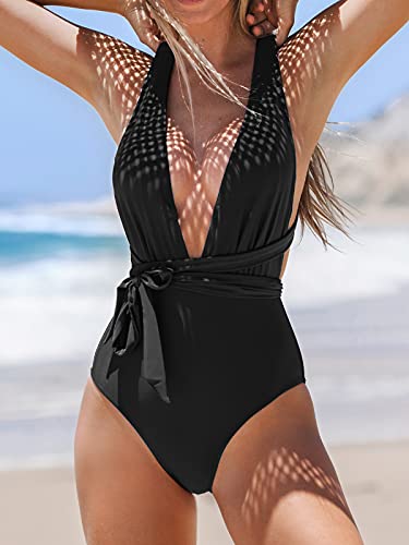 CUPSHE Women's One Piece Swimsuit Sexy Deep V Neck Bathing Suit Crisscross Back Self Tie