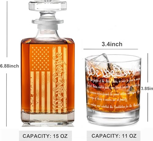 Whiskey Decanter Engraved We The People American Flag Decanter Set with 2 Glasses for Liquor Scotch Bourbon or Wine, Father's Day Patriotic Gift