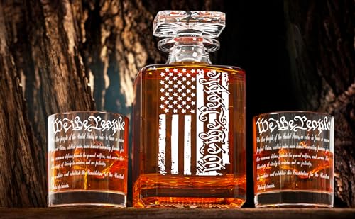 Whiskey Decanter Engraved We The People American Flag Decanter Set with 2 Glasses for Liquor Scotch Bourbon or Wine, Father's Day Patriotic Gift