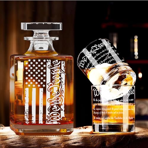 Whiskey Decanter Engraved We The People American Flag Decanter Set with 2 Glasses for Liquor Scotch Bourbon or Wine, Father's Day Patriotic Gift