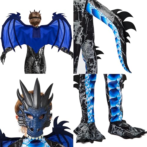 Spooktacular Creations Halloween Kids Boys Black and Blue Dragon costume, Dragon Wings and Mask for Halloween Parties, Cosplay-S(5-7yr)