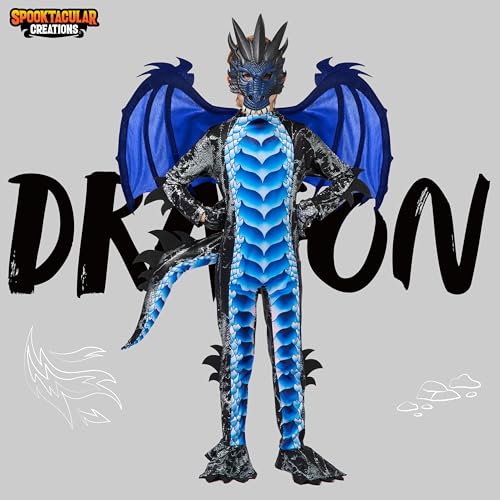 Spooktacular Creations Halloween Kids Boys Black and Blue Dragon costume, Dragon Wings and Mask for Halloween Parties, Cosplay-S(5-7yr)