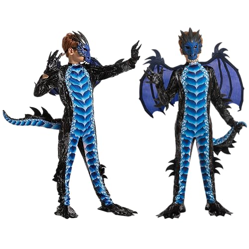 Spooktacular Creations Halloween Kids Boys Black and Blue Dragon costume, Dragon Wings and Mask for Halloween Parties, Cosplay-S(5-7yr)