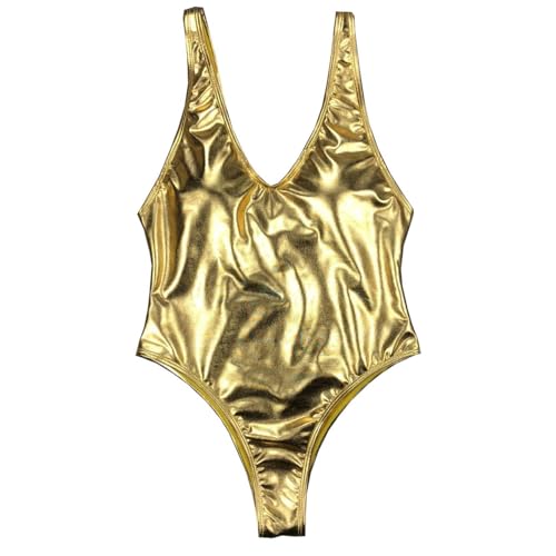 YAUASOPA Sexy Liquid Metallic Glitter One Piece Push Up Swimsuit Female Shiny Solid High Cut Beachwear