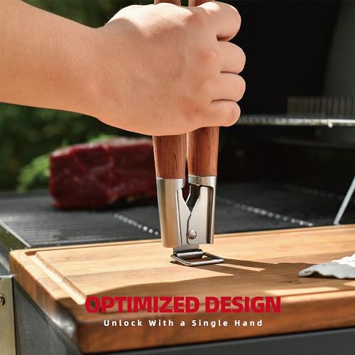 Heavy-Duty Rose Wooden BBQ Grilling Tools Set. Extra Thick Stainless Steel Multi-Function Spatula, Fork & Tongs | Essential Accessories for Barbecue & Grill. Ideal Gift for Father…