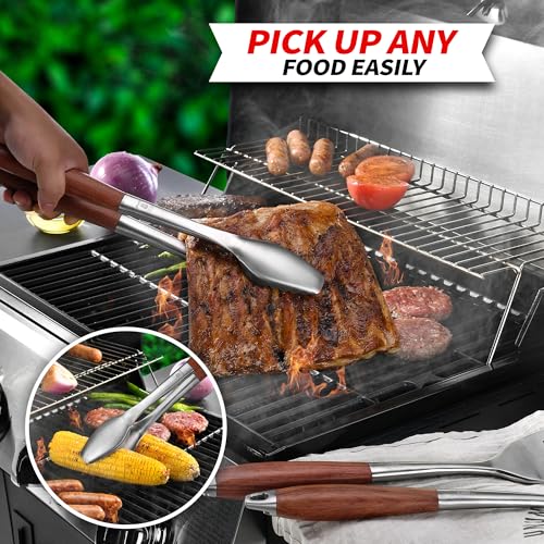 Heavy-Duty Rose Wooden BBQ Grilling Tools Set. Extra Thick Stainless Steel Multi-Function Spatula, Fork & Tongs | Essential Accessories for Barbecue & Grill. Ideal Gift for Father…