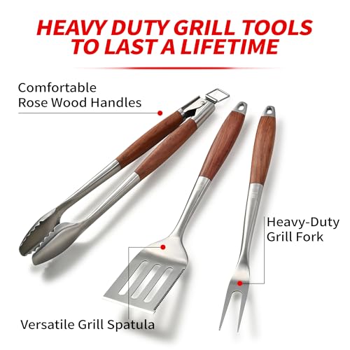 Heavy-Duty Rose Wooden BBQ Grilling Tools Set. Extra Thick Stainless Steel Multi-Function Spatula, Fork & Tongs | Essential Accessories for Barbecue & Grill. Ideal Gift for Father…