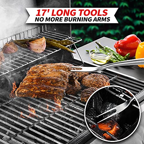 Heavy-Duty Rose Wooden BBQ Grilling Tools Set. Extra Thick Stainless Steel Multi-Function Spatula, Fork & Tongs | Essential Accessories for Barbecue & Grill. Ideal Gift for Father…