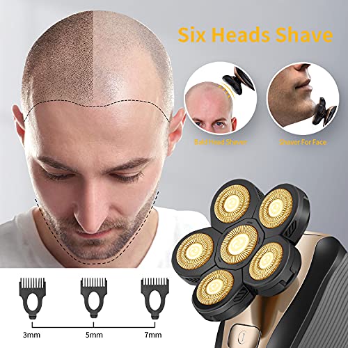 Head Shavers for Men Upgraded 5 in 1 Multifunctional Bald Head Shaver Grooming Kit Cordless Electric Razor for Men Rotary Mens Head Razor Rechargeable Razors for Bald Man Waterproof (Gold)