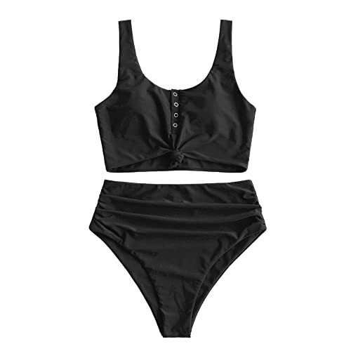 ZAFUL Women's Knot Scoop Neck Bikini Set Ruched High Waisted Two Piece Swimsuits Tankini