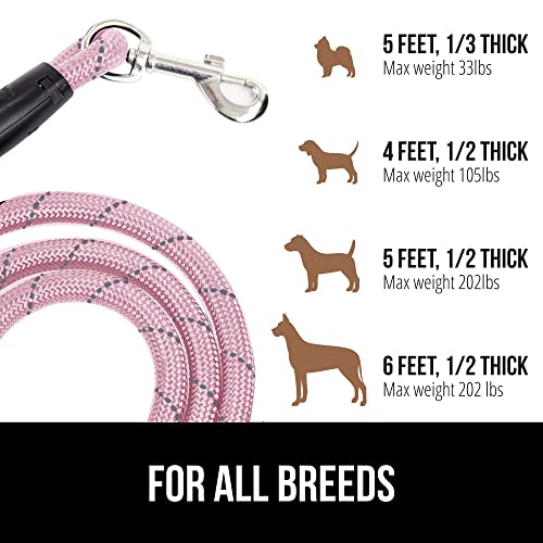 Gorilla Grip Dog Leash, Heavy Duty Reflective Rope Leashes for Large, Medium, Small Breed Dogs, Puppy Training Essential for Walks, Hikes, Soft Handle, Rotating Metal Clip, Waste Bag Dispenser, Pink