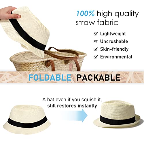 Womens Straw Hat Short Brim Panama Fedora Beach Sun Trilby Hat for Vacation Gentlemen Roll Up Summer Hat, beige White