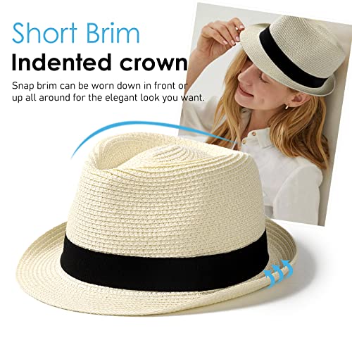 Womens Straw Hat Short Brim Panama Fedora Beach Sun Trilby Hat for Vacation Gentlemen Roll Up Summer Hat, beige White