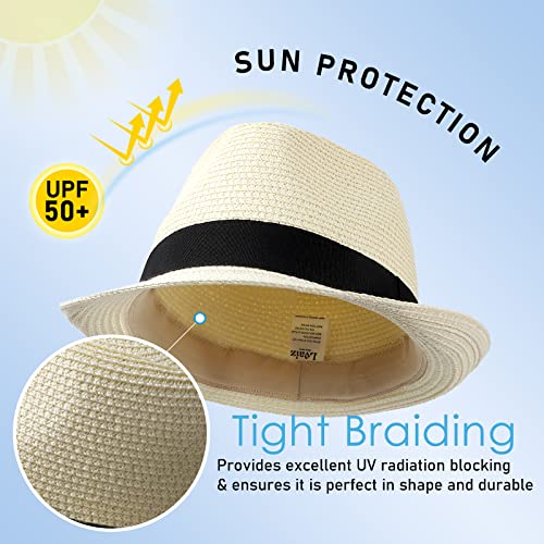 Womens Straw Hat Short Brim Panama Fedora Beach Sun Trilby Hat for Vacation Gentlemen Roll Up Summer Hat, beige White