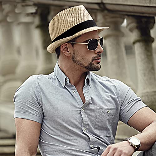 Womens Straw Hat Short Brim Panama Fedora Beach Sun Trilby Hat for Vacation Gentlemen Roll Up Summer Hat, beige White