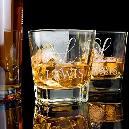 Amazing Items Set of 2 - Whiskey Gifts for Men, Personalized Whiskey Glasses w/Name & Initial - 9 Designs - 9 oz, Limited Edition Monogrammed Rocks Glasses for Whiskey, Dad Gifts