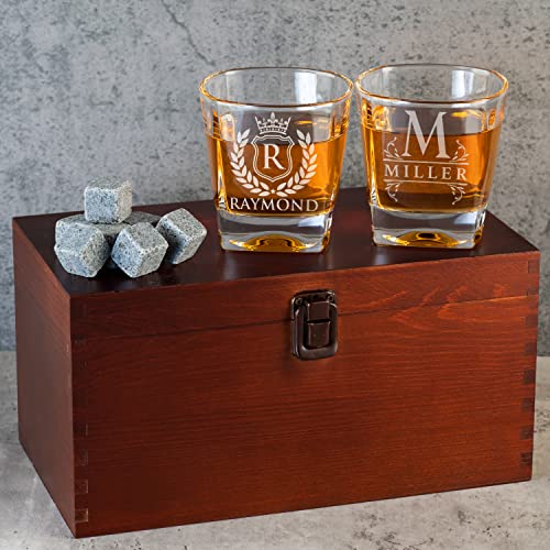 Amazing Items Set of 2 - Whiskey Gifts for Men, Personalized Whiskey Glasses w/Name & Initial - 9 Designs - 9 oz, Limited Edition Monogrammed Rocks Glasses for Whiskey, Dad Gifts