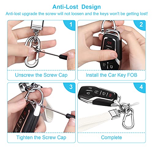 QBUC Genuine Leather Car Keychain,Universal Heavy Duty Metal Key Chain Accessories,Car Fob Key Keychain Holder with 360 Degree Rotatable Snap Swivel and Anti-Lost D-Ring for Men Women(White)