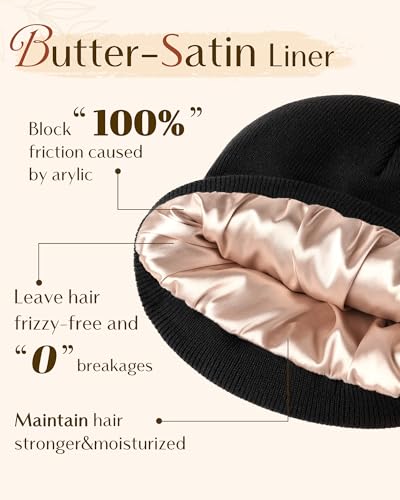 YANIBEST Womens Satin Lined Knit Beanie Hat Acrylic Winter Hats for Women Men Silk Lining Soft Slouchy Warm Cuffed Beanie Hat