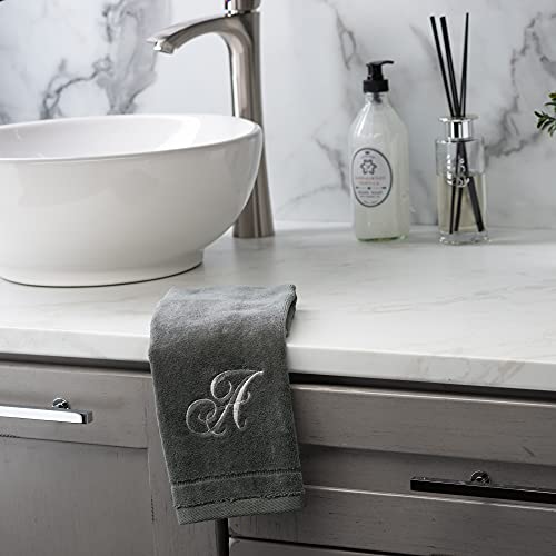 Monogrammed Towels Fingertip, Personalized Gift, 11 x 18 Inches - Set of 2- Silver Embroidered Towel - Extra Absorbent 100% Cotton- Soft Velour Finish - For Bathroom/ Kitchen/ Spa- Initial R (Gray)