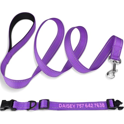 TagME Personalized Dog Collar and Leash Set, Embroidered Dog Collars and Double-Sided Reflective 5FT Dog Leash for Medium, Purple