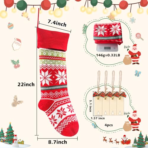 Brainfella Knit Christmas Stockings,4 Pack 22 Inches Snowflake Reindeer Snowman Personalized Cable Knit Stockings for Christmas Candy Gifts Decor