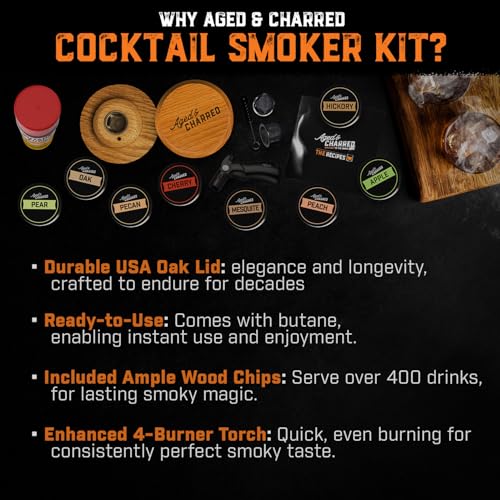 Cocktail Smoker Kit with Torch - High-End Set, USA Oak, Fine Wood Chips - Old Fashioned Cocktail Kit for Whiskey - Bourbon Gifts for Men - Gift from Wife, Daughter, Son (No Butane)