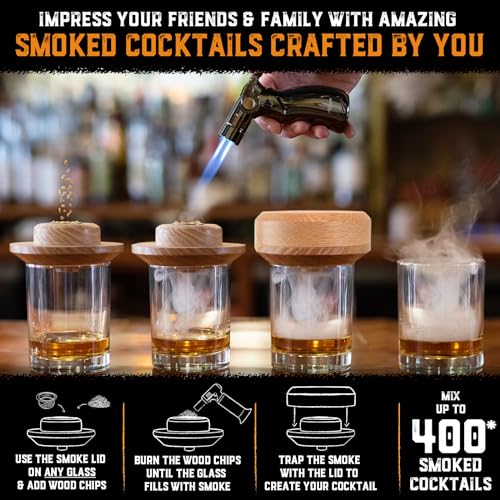 Cocktail Smoker Kit with Torch - High-End Set, USA Oak, Fine Wood Chips - Old Fashioned Cocktail Kit for Whiskey - Bourbon Gifts for Men - Gift from Wife, Daughter, Son (No Butane)