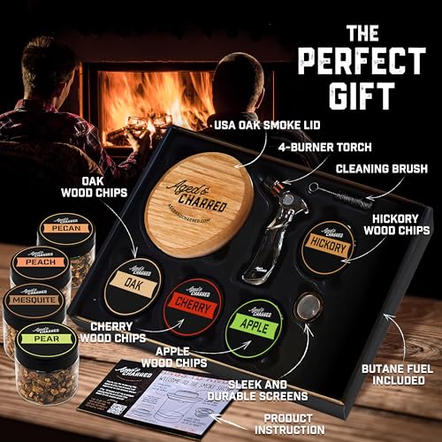 Cocktail Smoker Kit with Torch - High-End Set, USA Oak, Fine Wood Chips - Old Fashioned Cocktail Kit for Whiskey - Bourbon Gifts for Men - Gift from Wife, Daughter, Son (No Butane)