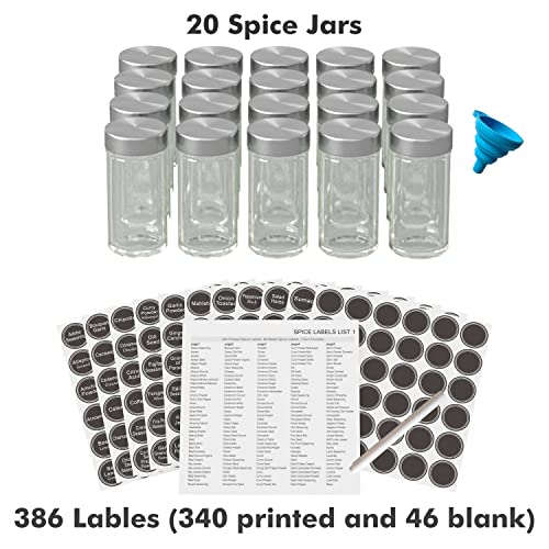 Revolving Spice Rack Set with 20 Spice Jars, Kitchen Spice Tower Organizer for Countertop or Cabinet -- Carousel Storage Includes 386 Spice Labels -- Desktop Rotating Seasoning Organizer