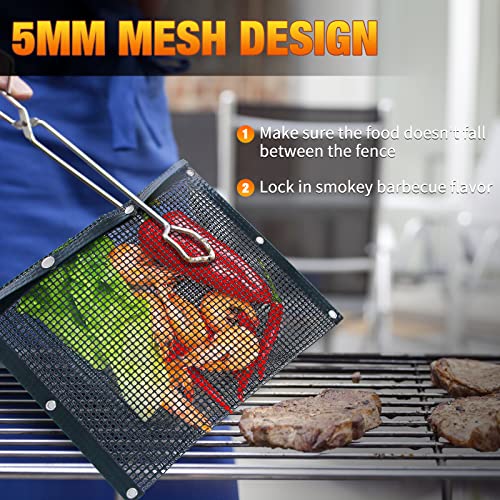 Large BBQ Mesh Grill Bags Set 2 Reusable Non-Stick Grill Net for Charcoal Gas Electric Grills&Smokers BBQ Lover Heat Resistant Barbecue Bag Vegetables Grilling Basket Grill Accessories Outdoor Cooking