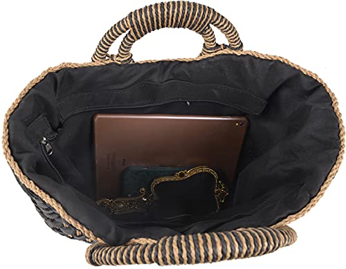 QZUnique Hand-woven Straw Bag Women Summer Beach Handbag Purse Retro Rattan Tote Clutch Travel Bag with Wood Round Top Handle