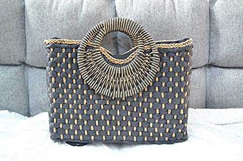 QZUnique Hand-woven Straw Bag Women Summer Beach Handbag Purse Retro Rattan Tote Clutch Travel Bag with Wood Round Top Handle