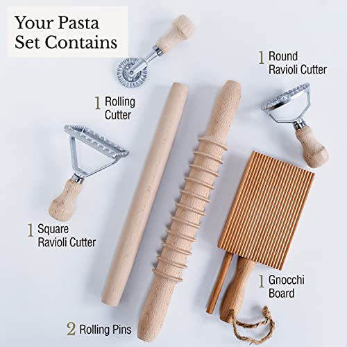 Complete 6 Pcs Pasta Making Tool Set Includes Two Ravioli Stamp Maker Cutter And Roller Wheel Set, Two Pasta Rolling Pins, Gnocchi Board By Cotswold Homeware Co