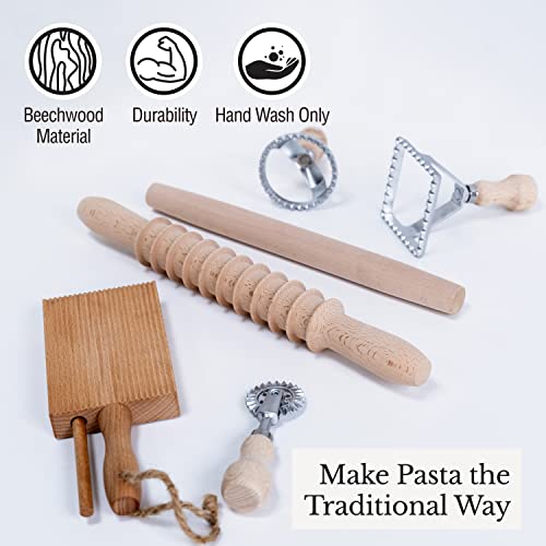 Complete 6 Pcs Pasta Making Tool Set Includes Two Ravioli Stamp Maker Cutter And Roller Wheel Set, Two Pasta Rolling Pins, Gnocchi Board By Cotswold Homeware Co