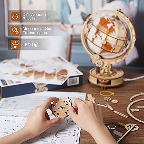 ROBOTIME Wooden Puzzles for Adults Luminous Globe ST003, Toy Building Sets for Adults, Wooden Globe Model Kits with LED Light, House Warming Gifts New Home/Anniversary/Birthday/Teacher/Dad Gift