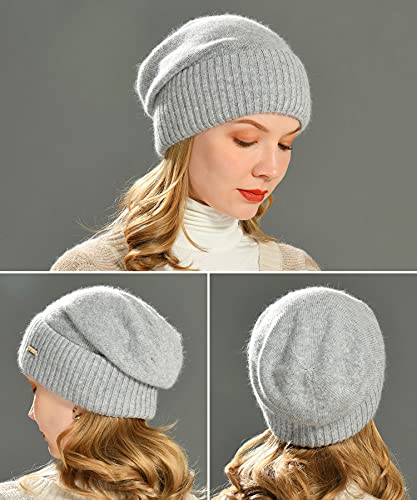 jaxmonoy Cashmere Slouchy Beanies for Women Winter Lightweight Girls Wool Knit Hat Cuffed Soft Warm Slouch Beanie Cap - Light Grey