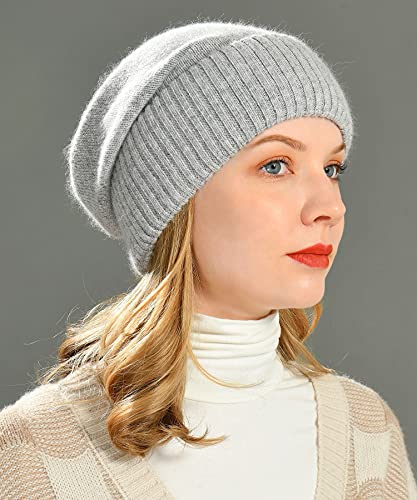 jaxmonoy Cashmere Slouchy Beanies for Women Winter Lightweight Girls Wool Knit Hat Cuffed Soft Warm Slouch Beanie Cap - Light Grey