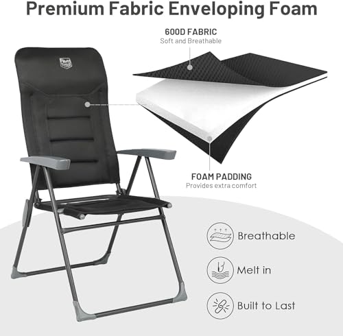 TIMBER RIDGE Adjustable Folding Patio High Back for Adults Lightweight Aluminum Padded Lawn Chair for Outside, Heavy Duty Supports 300 LBS, Black