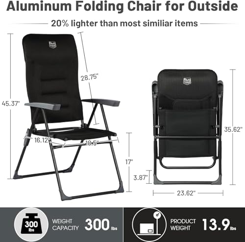 TIMBER RIDGE Adjustable Folding Patio High Back for Adults Lightweight Aluminum Padded Lawn Chair for Outside, Heavy Duty Supports 300 LBS, Black